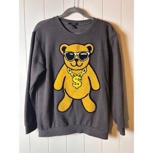 Forever 21 Womens Gray Teddy Bear Chenille Patch Graphic Sweatshirt Small